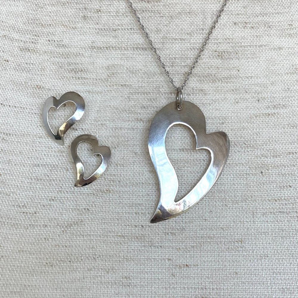 Sterling Silver 925 1.8" Open Heart Pendant Necklace & Stud Earring Set 18" Rope